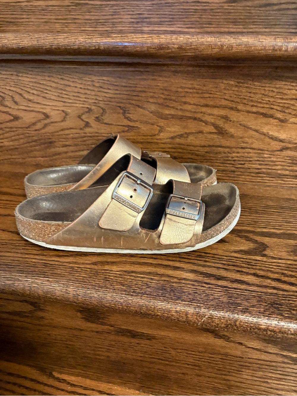 Very loved Birkenstock Two-Buckle Slide Sandals in Metallic Bronze